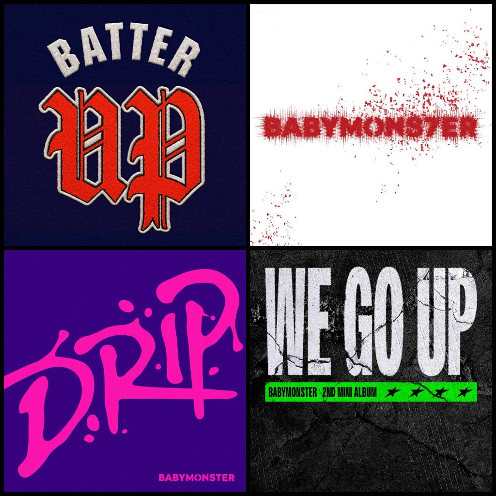 BABYMONSTER discography covers from BATTER UP through BABYMONS7ER, DRIP and WE GO UP — visual evolution discussed in the BABYMONSTER review