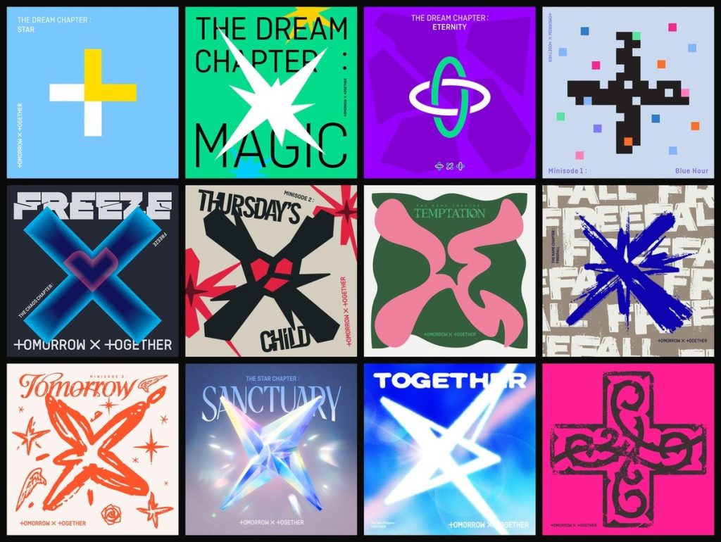 TXT discography album covers showing their musical evolution from Dream Chapter to Star Chapter