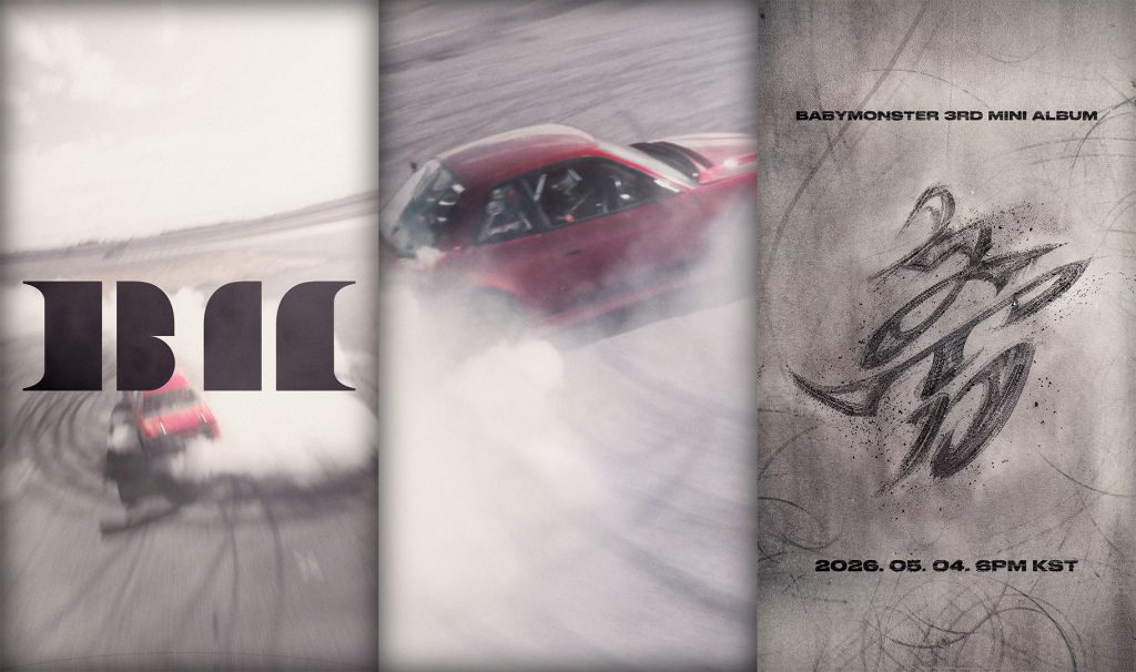 BABYMONSTER third mini album CHOOM motion teaser — sports car drifting across desert sand with the Korean character carved into the ground