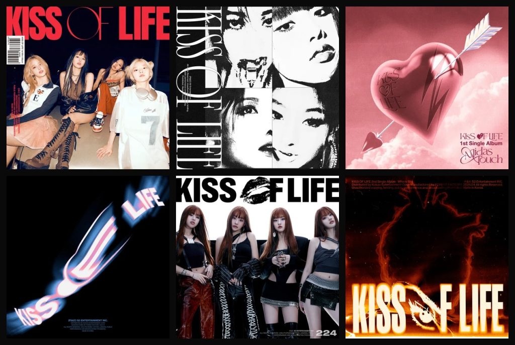 KISS OF LIFE discography album covers from debut to Who Is She showing their musical evolution