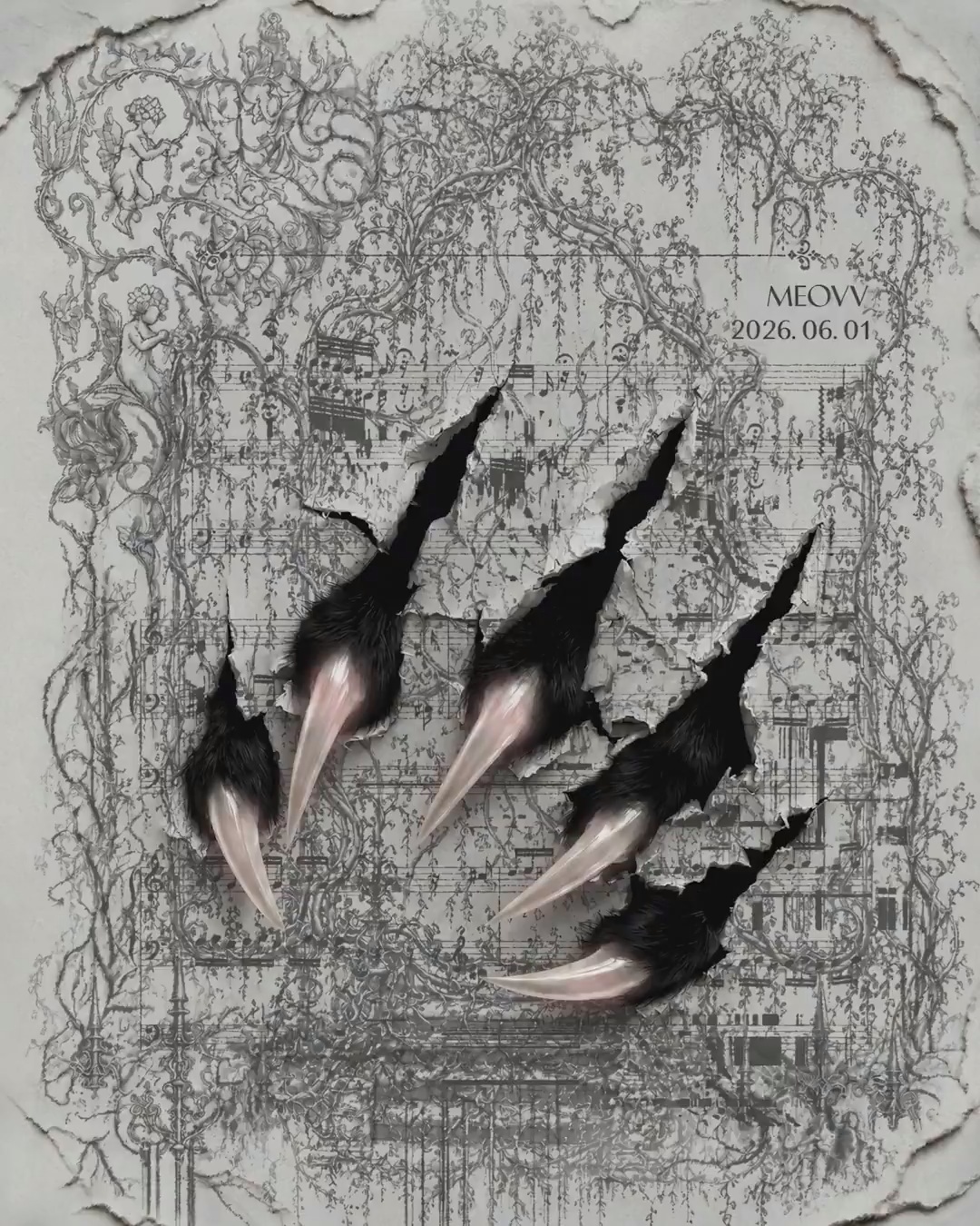 MEOVV BITE NOW title poster — five cat claws tearing through Bach's D minor sheet music