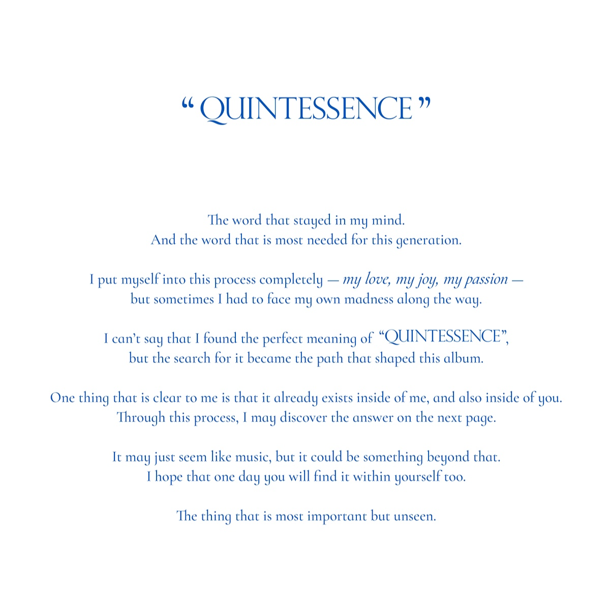 QUINTESSENCE first teaser released by THEBLACKLABEL on April 1, 2026 — "The thing that is most important but unseen"
