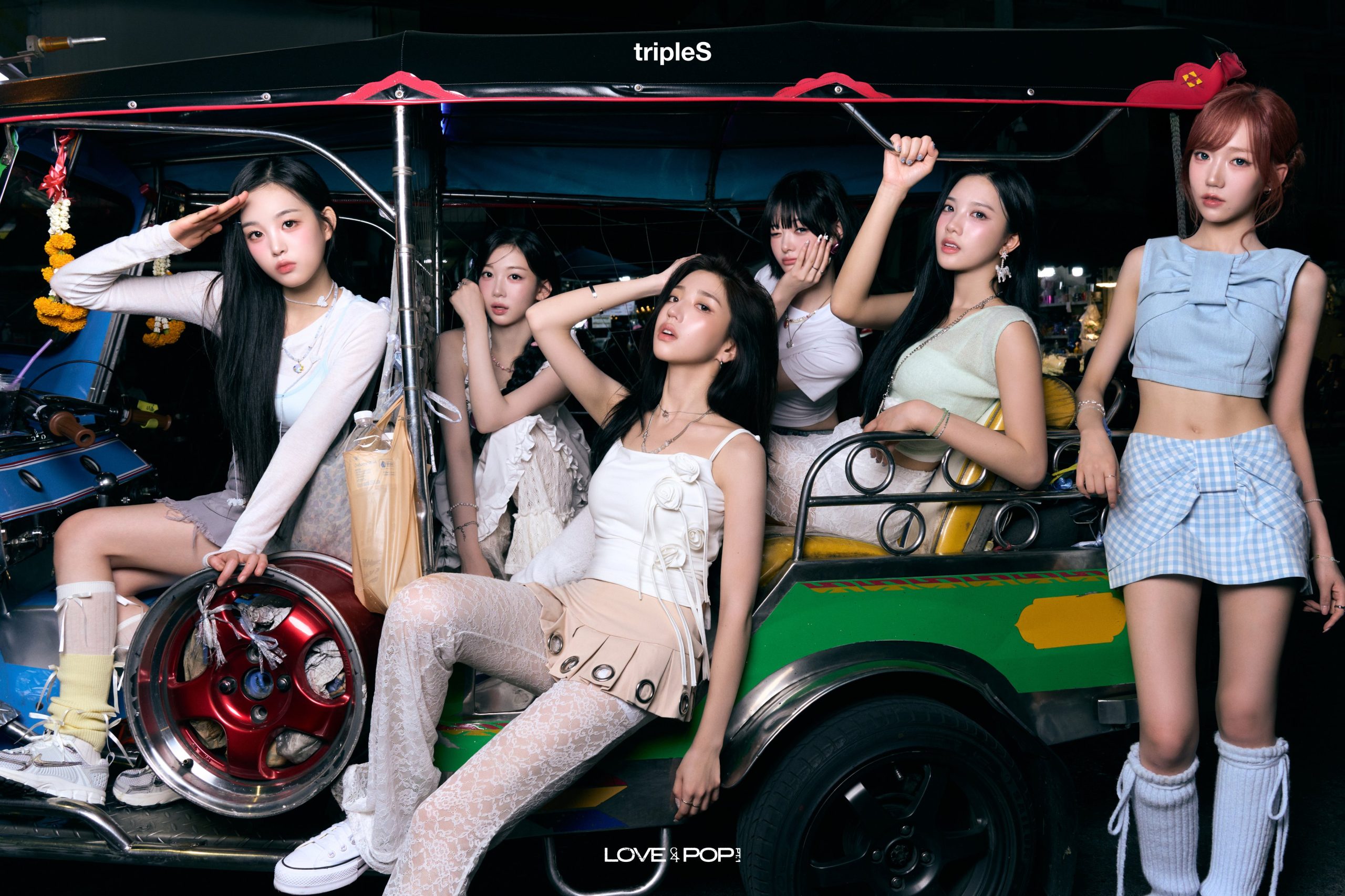 tripleS LOVE&POP pt.1 concept photo with members on a tuk-tuk in Bangkok