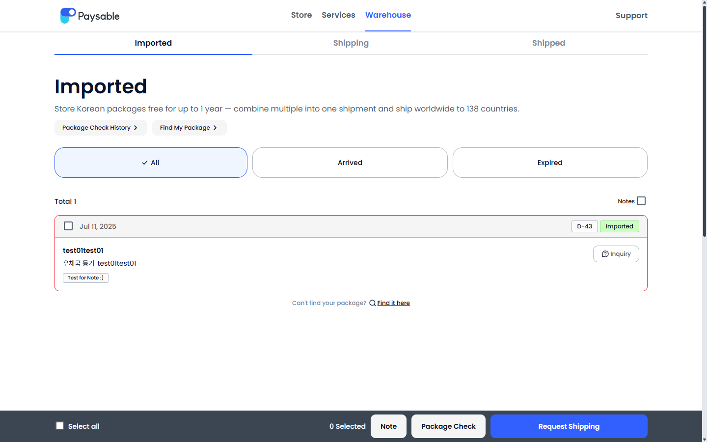 Paysable app screen showing a package imported into the warehouse after store checkout