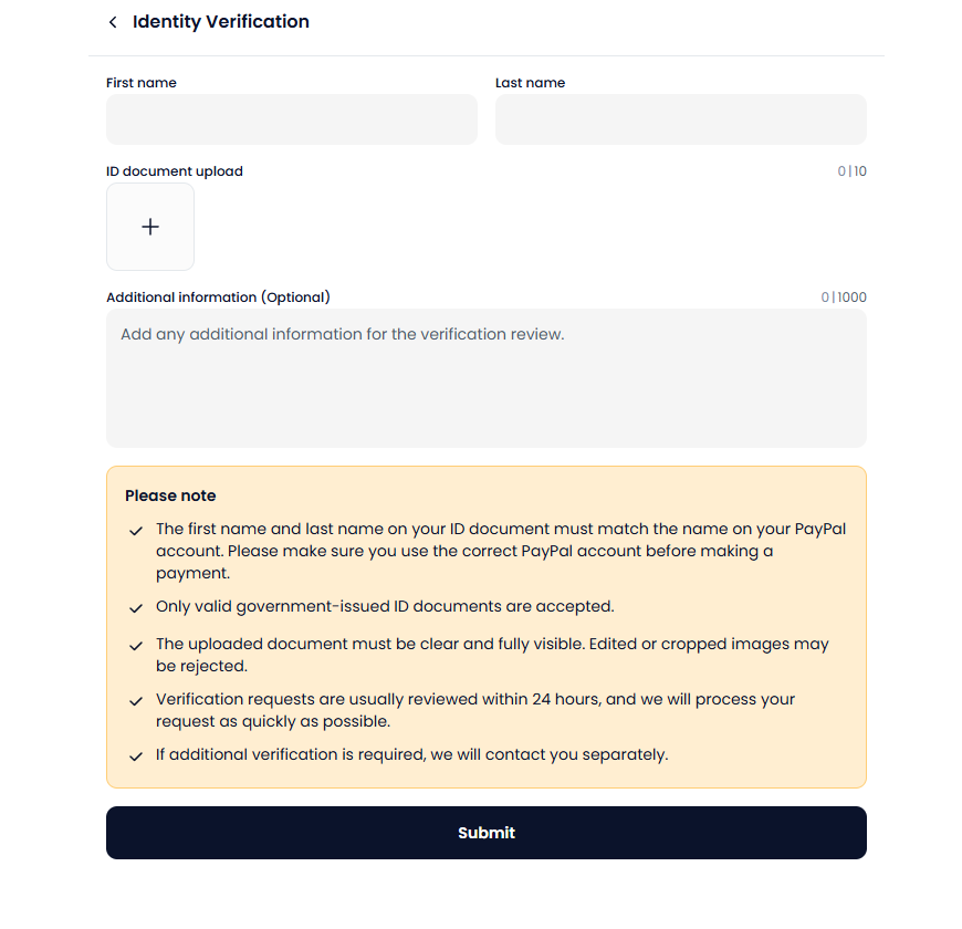 Paysable Direct Payment identity verification screen with name fields, ID upload area, and notes such as PayPal name match and 24-hour review