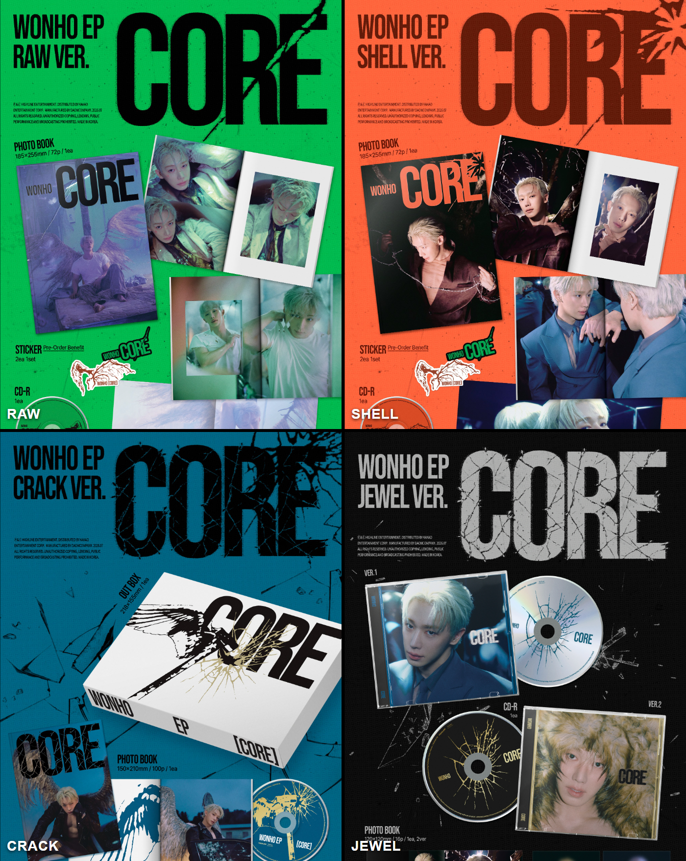 WONHO CORE EP physical album — Raw, Shell, Crack, and Jewel versions compared
