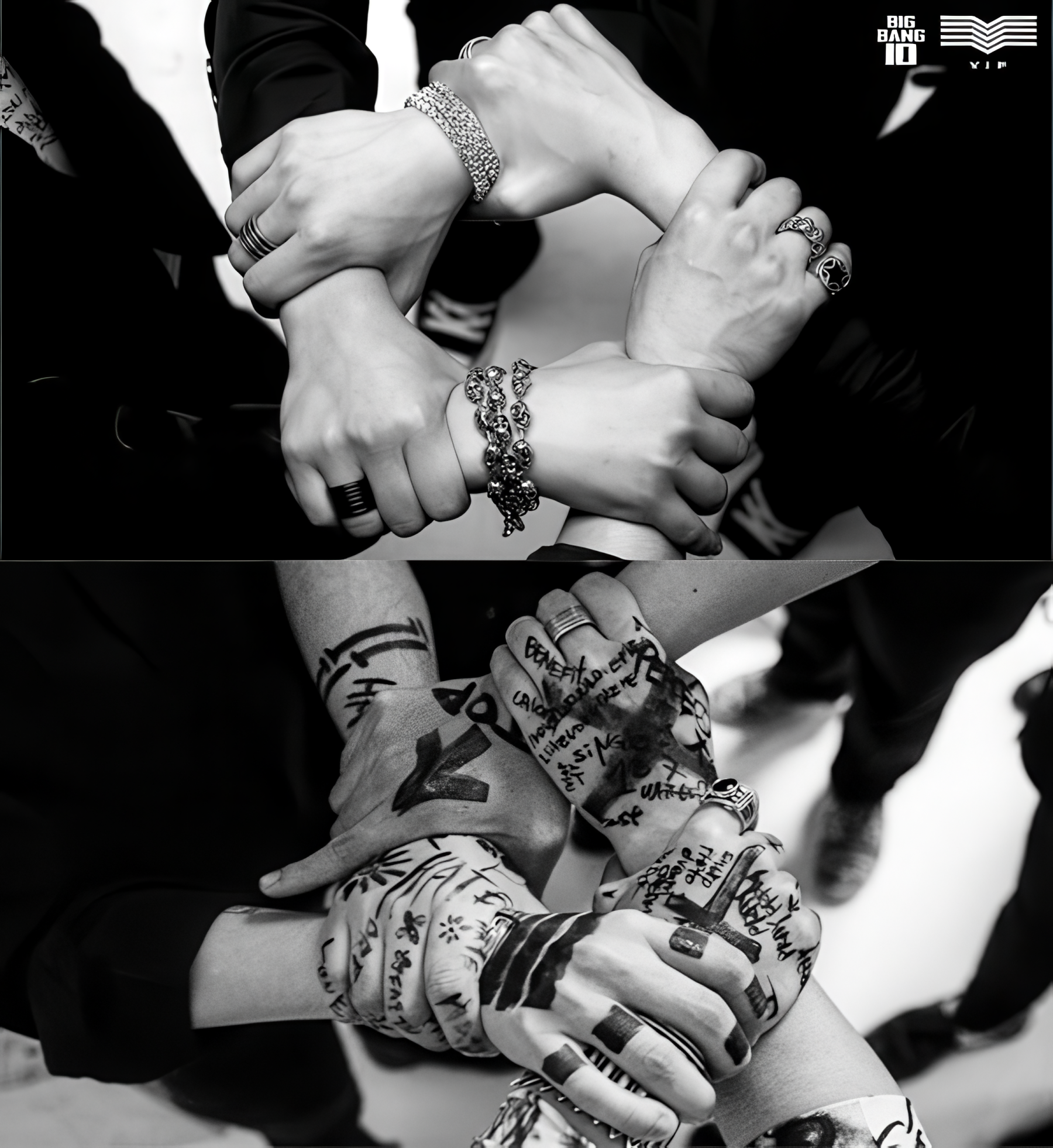 Black-and-white photo of BIGBANG members' hands joined together