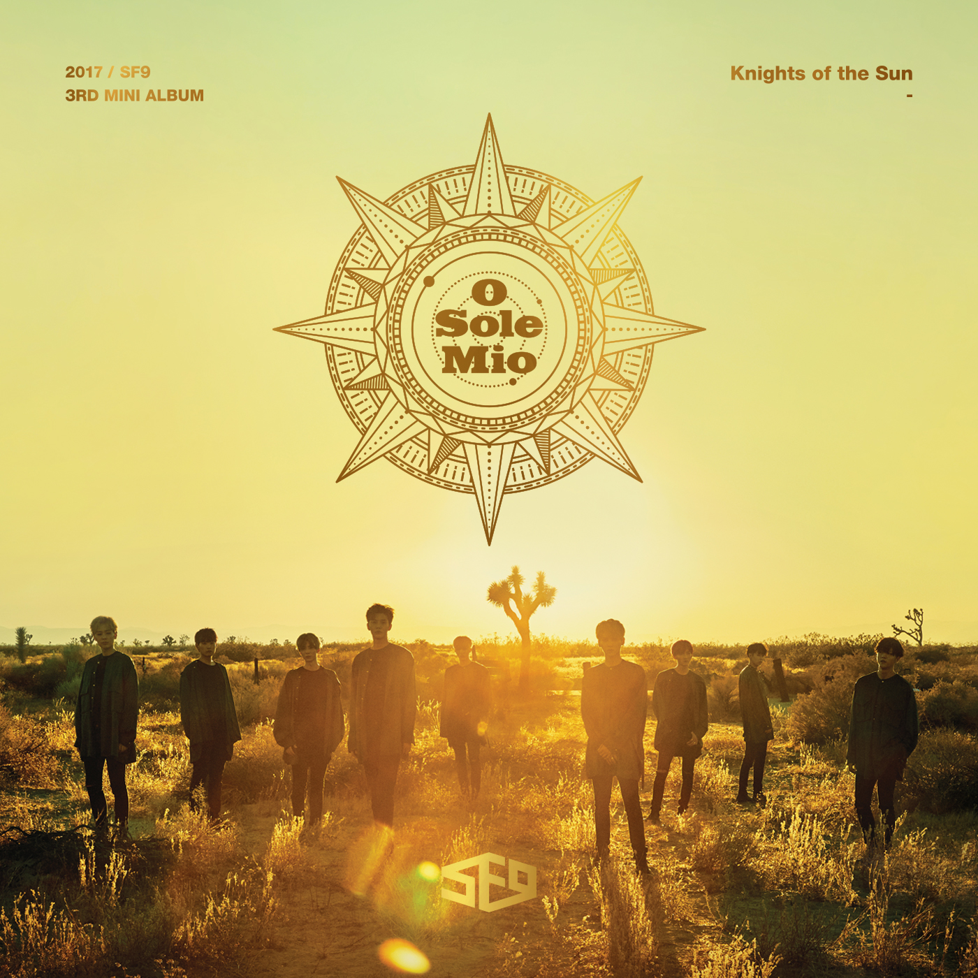 Cover des dritten Mini-Albums von SF9, Knights of the Sun, mit den Mitgliedern im Gegenlicht des Sonnenuntergangs