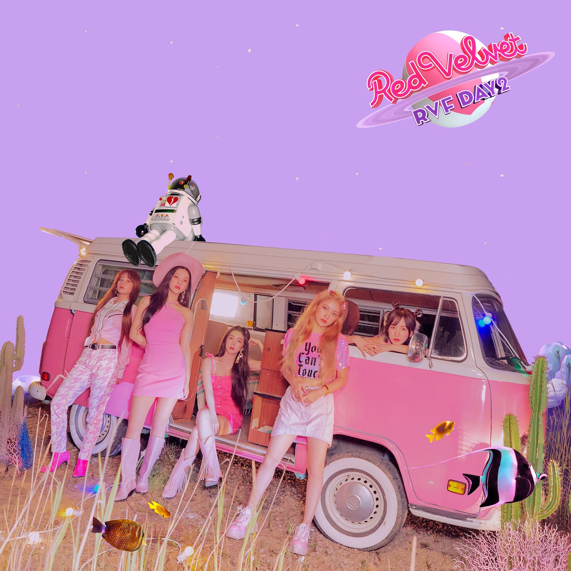Red Velvet's five members in front of a pink van in a pastel-toned The ReVe Festival concept photo