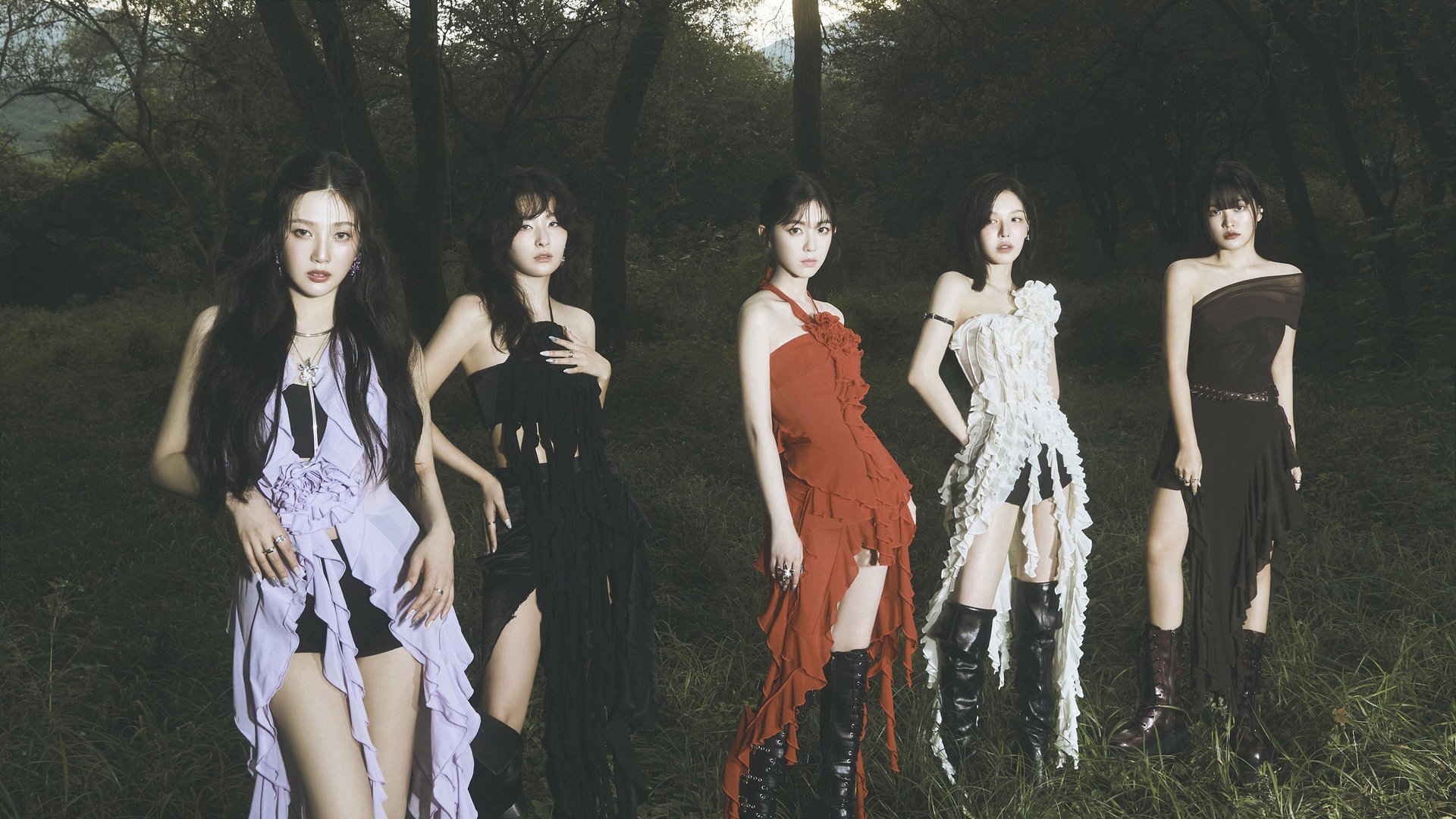 Red Velvet's five members standing in a dusky forest in the Chill Kill concept photo