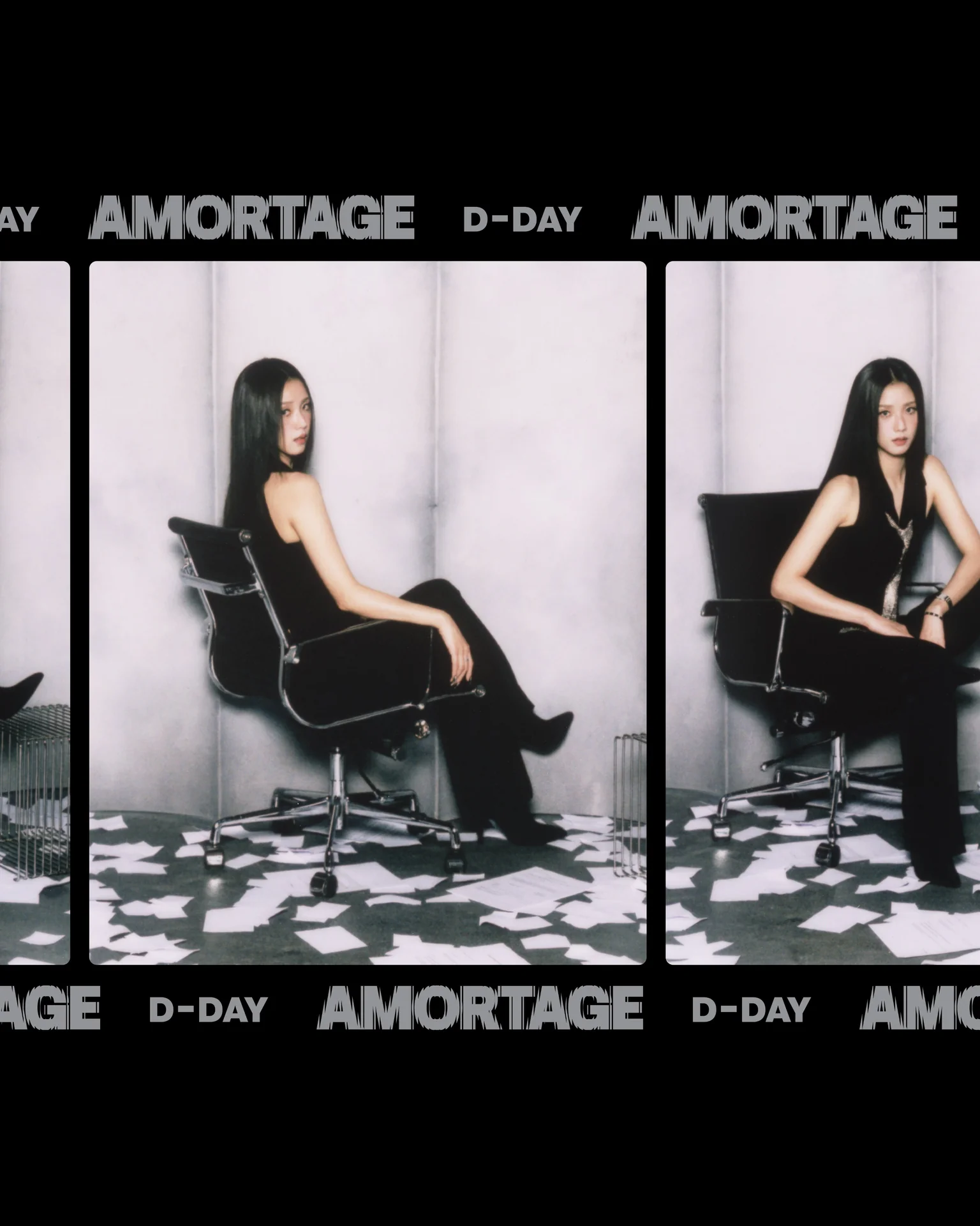 JISOO's AMORTAGE mini album concept photo, seated in a chair on a floor scattered with papers