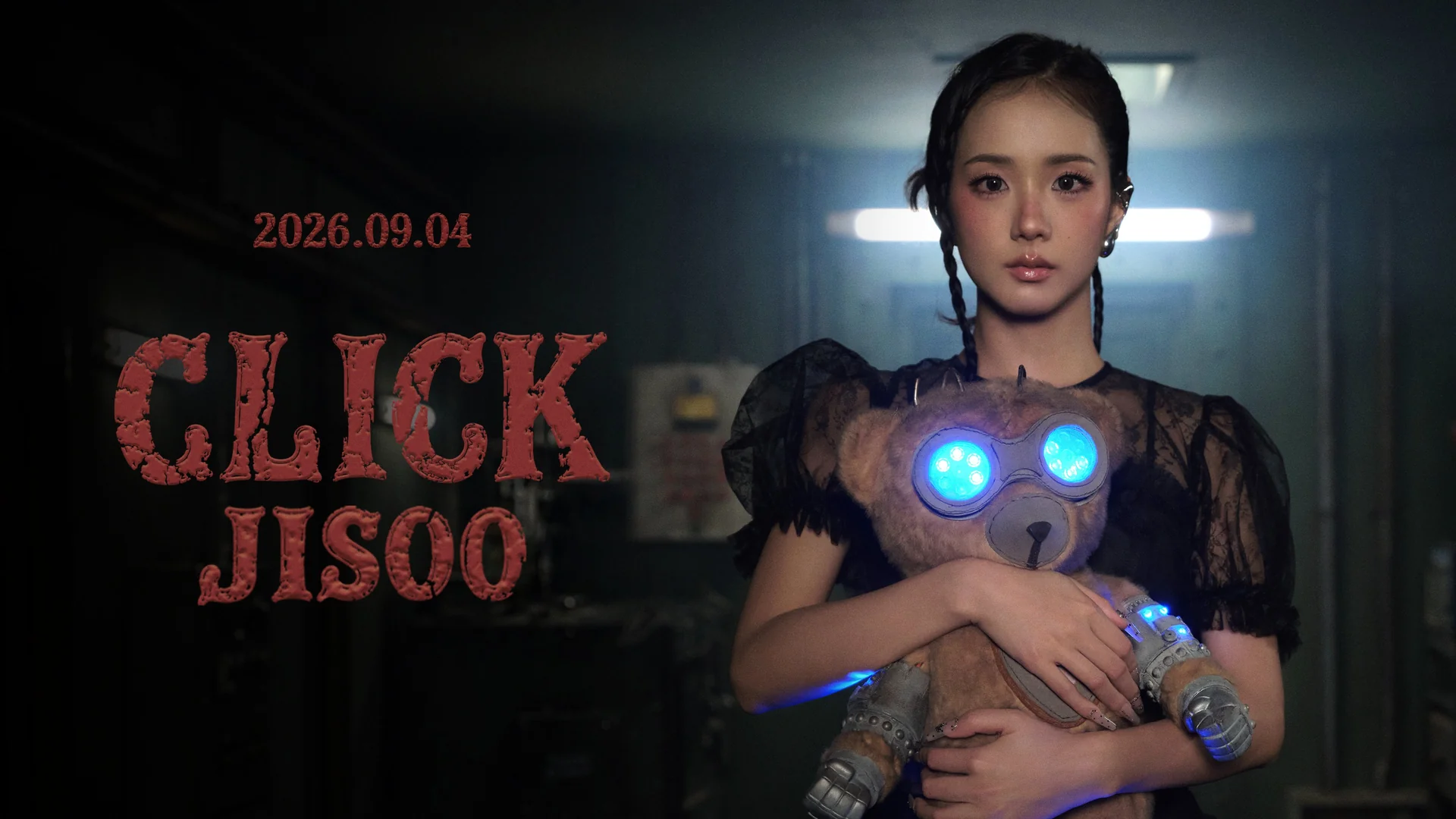 JISOO's CLICK teaser image, holding a teddy bear with glowing eyes in a dim interior