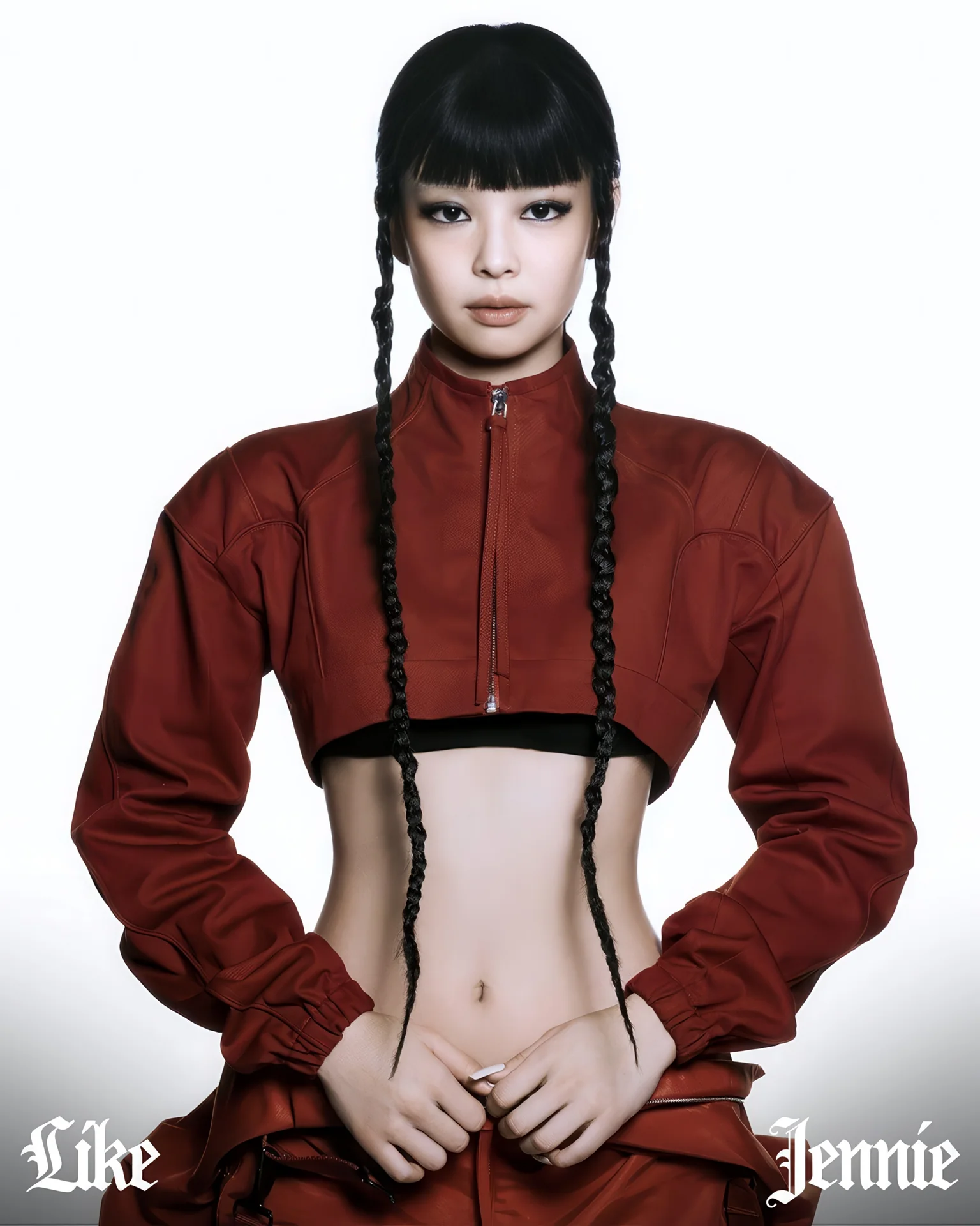 JENNIE in red styling from the teaser for like JENNIE, a track on her first studio album Ruby
