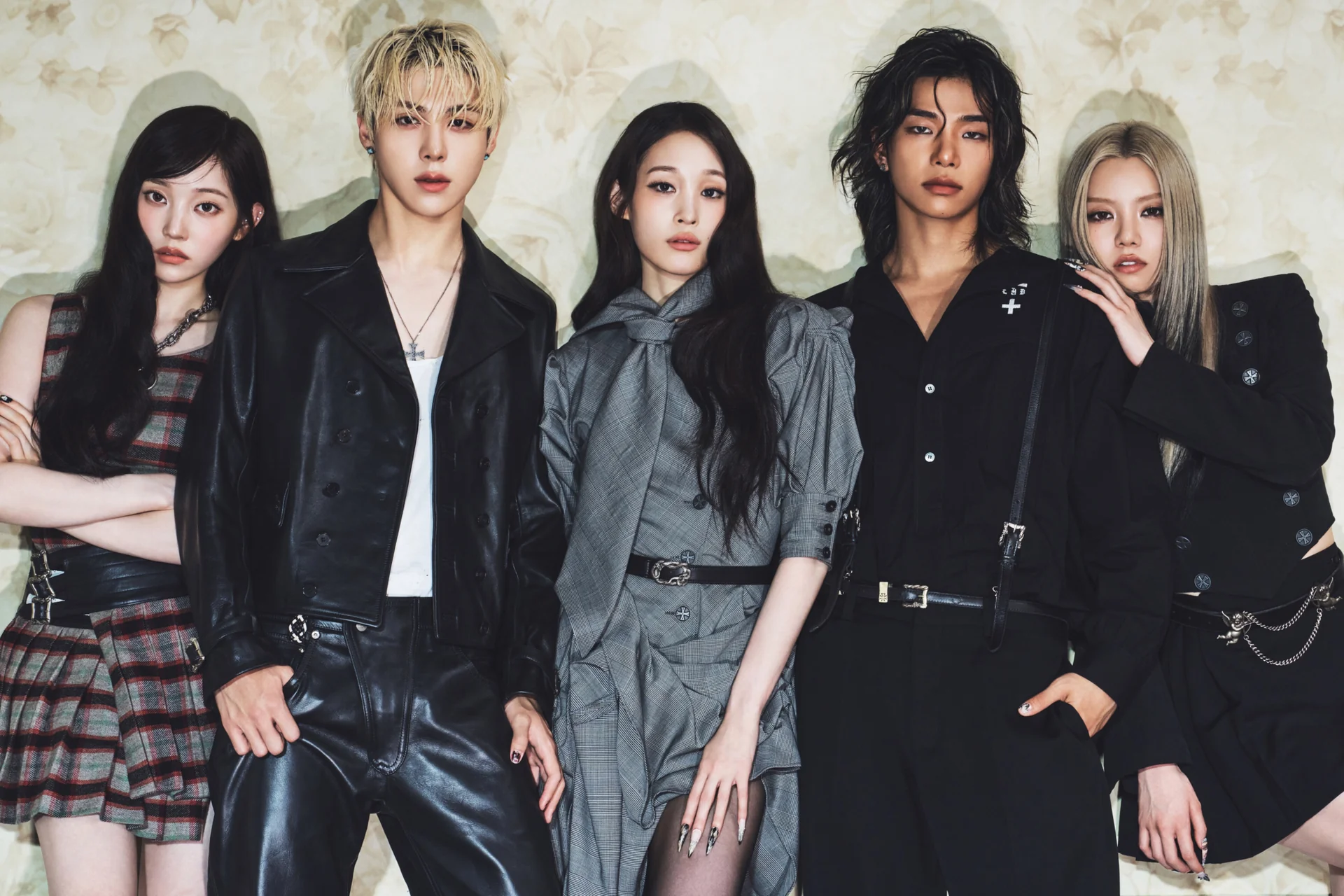 The five members of ALLDAY PROJECT standing side by side in classic styling in a concept photo for the second EP CRASH