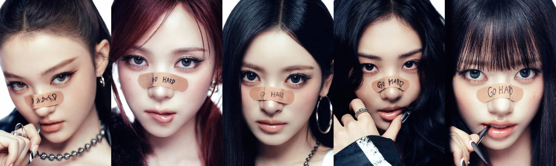 Teasers em grande plano dos cinco membros das MEOVV com pensos GO HARD no rosto